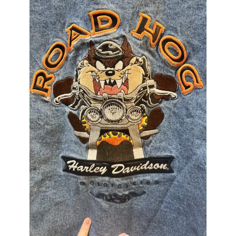Vintage Harley Davidson TAZ Road Hog Embroidered Denim Vest XXXL Warner Bros
